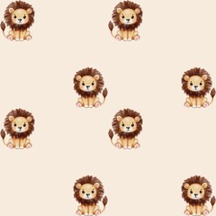 Playful watercolor lions on a soft beige background showcase colorful artistry and charm © Yuliia Kostenko