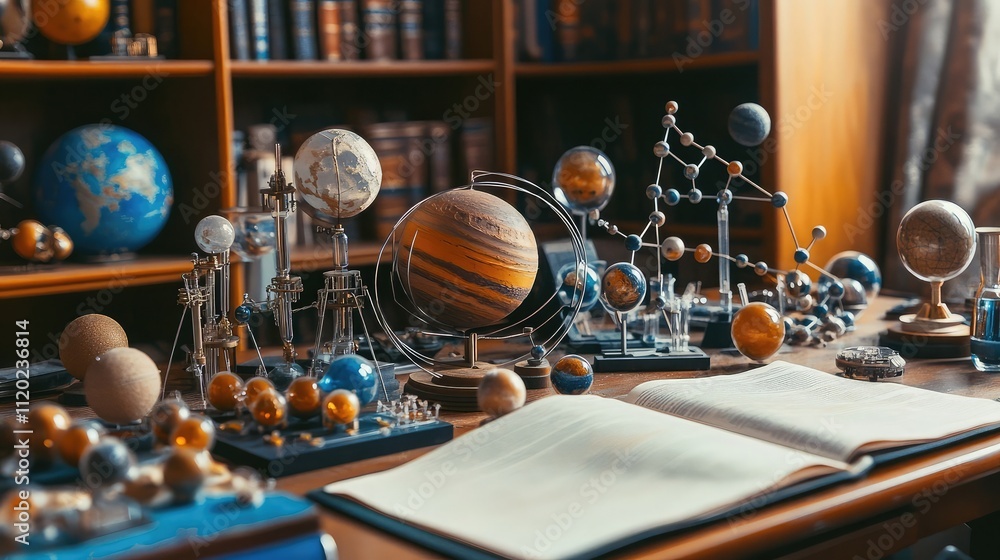 Poster a desk covered with science models, including the solar system and molecular structures
