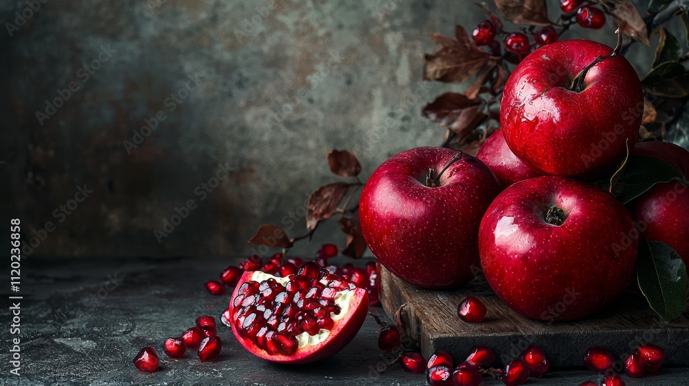 Poster Red apples and pomegranate on a rustic setting