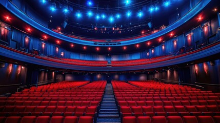 Stunning Interior of Modern Theater with Red Seats and Blue Stage Lights, Capturing the Essence of Performing Arts Environment for Events and Performances
