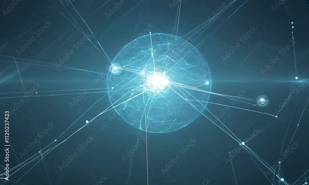 Poster exploring the intricate connections of a digital universe illuminated by a bright core at twilight. 