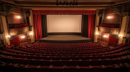 Majestic vintage theater interior showcasing plush red seating, elegant decor, and a large blank screen, perfect for cinematic experiences and cultural events.