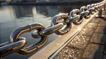 Naklejka premium Steel chain links reflecting sunlight waterfront dock industrial photography urban environment close-up perspective strength concept