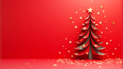green Christmas tree, minimalist design, red background, snowflakes, star on top, festive