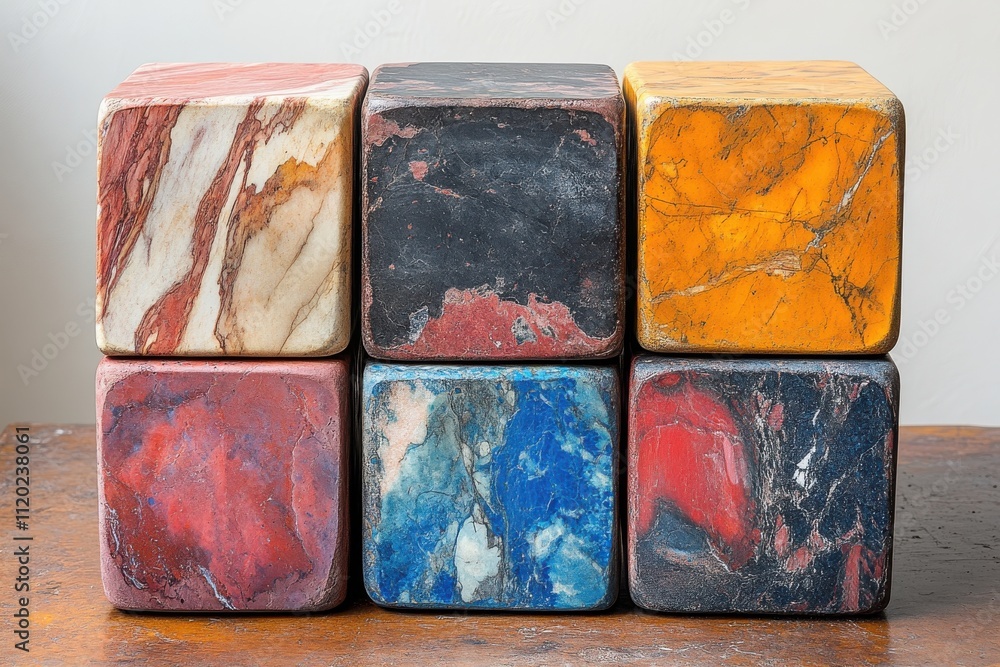 Poster a collection of colorful stone cubes arranged in a stack on a wooden surface.