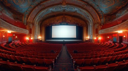 Elegant Vintage Movie Theater Interior with Red Plush Seats and Ornate Design Features, Showcasing a Blank Movie Screen Ready for the Film Experience