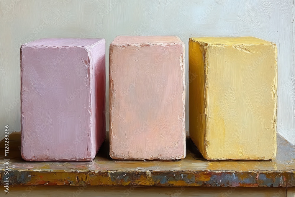 Poster three pastel-colored blocks arranged on a shelf, showcasing simple geometric forms.