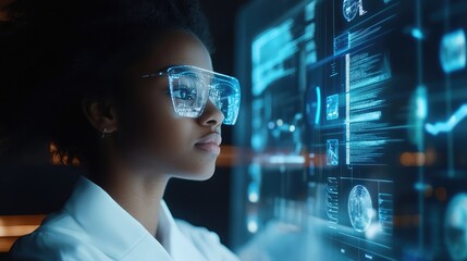 A futuristic e-learning platform interface with holographic teaching aids