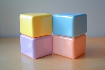 Fototapeta premium Four colorful plastic blocks arranged on a wooden surface.