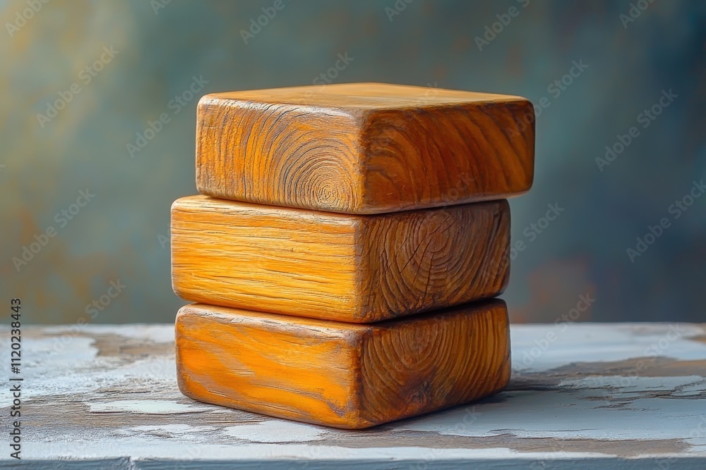 Poster three stacked wooden blocks with a smooth finish and natural grain patterns.