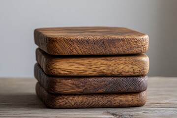 A stack of wooden coasters resting on a wooden surface.