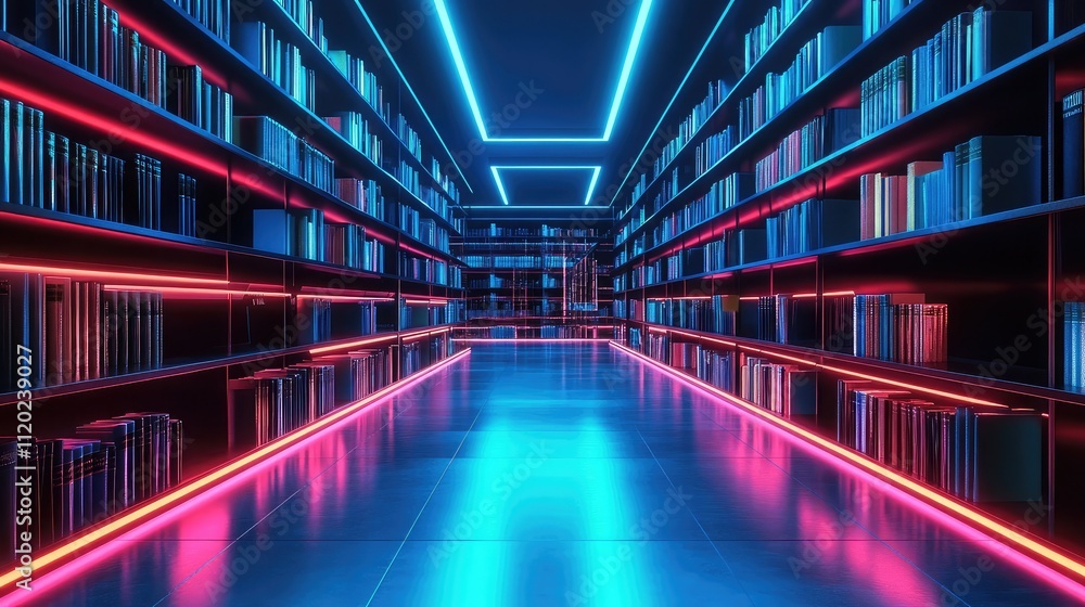 Poster a glowing online library with digital bookshelves and search functionality