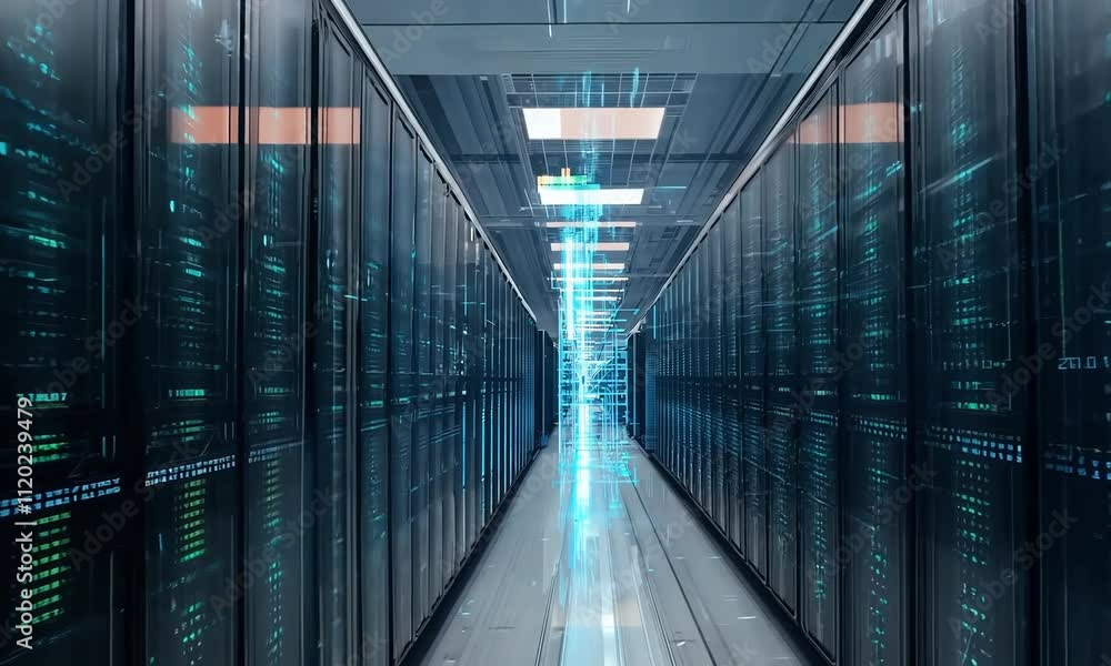Poster exploring a futuristic data center filled with advanced technology and illuminated servers in a capt