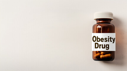 Close-up of a prescription pill bottle labeled "Obesity Drug" with visible pills inside, symbolizing the start of a weight management treatment journey on a clean white background.