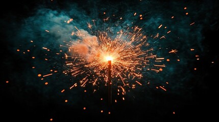 Fototapeta premium A sparkler is exploding with orange and yellow sparks against a dark smoky background.