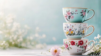 Stack of floral porcelain tea cups with delicate flowers on light background.