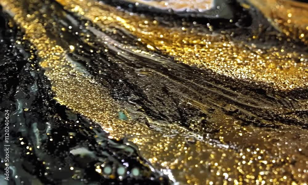 Poster mesmerizing swirl of black and gold paint flowing on canvas in an artistic studio setting. generativ