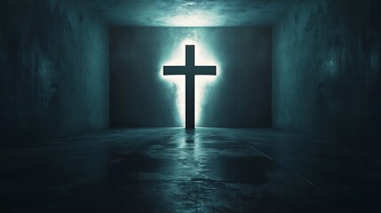 Naklejka premium Glowing Cross in a Dark, Mysterious Room