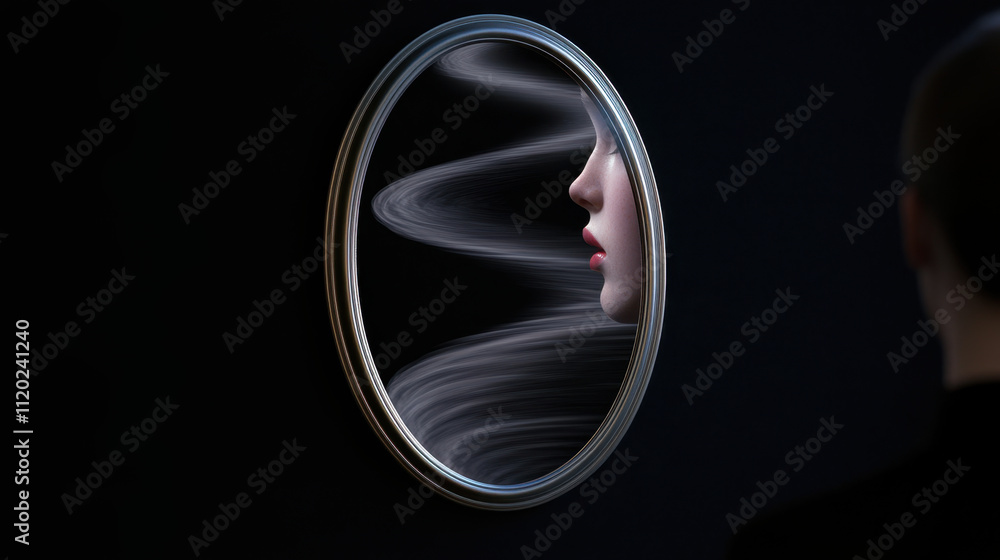 Poster negative thought cycles, a reflective image showing a face in a circular mirror, surrounded by swirl