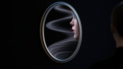 Negative Thought Cycles, A reflective image showing a face in a circular mirror, surrounded by swirling lines, creating an ethereal and artistic atmosphere.