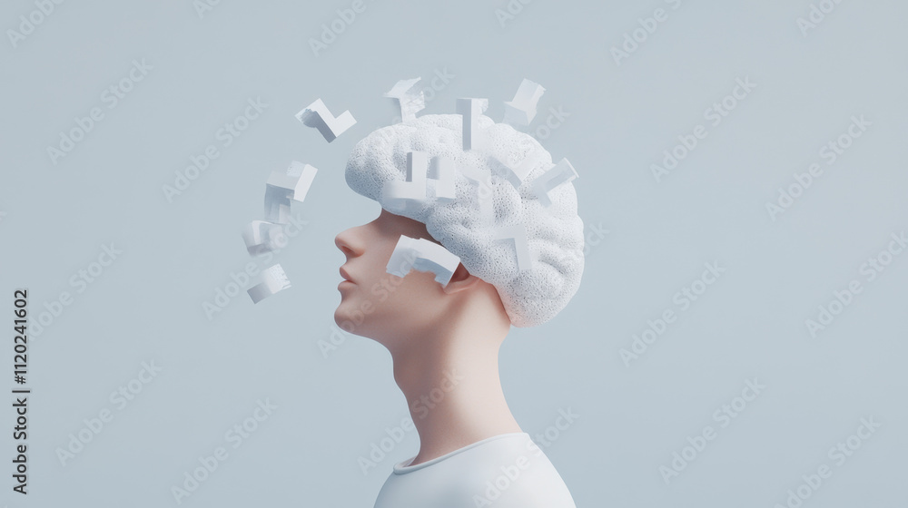 Poster negative thought cycles, a mannequin head with a brain-like structure releases paper notes, symboliz