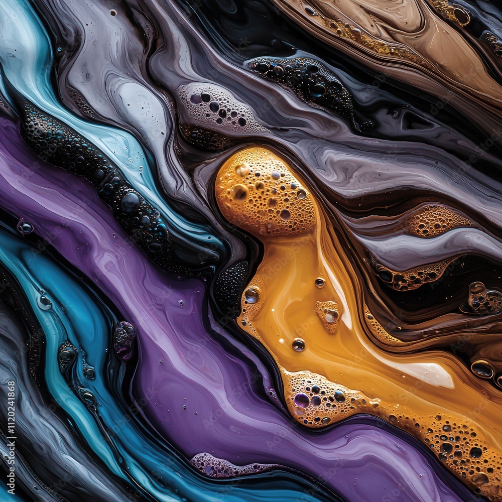 Poster dynamic ink swirls, bold marbled textures in vivid complementary colors