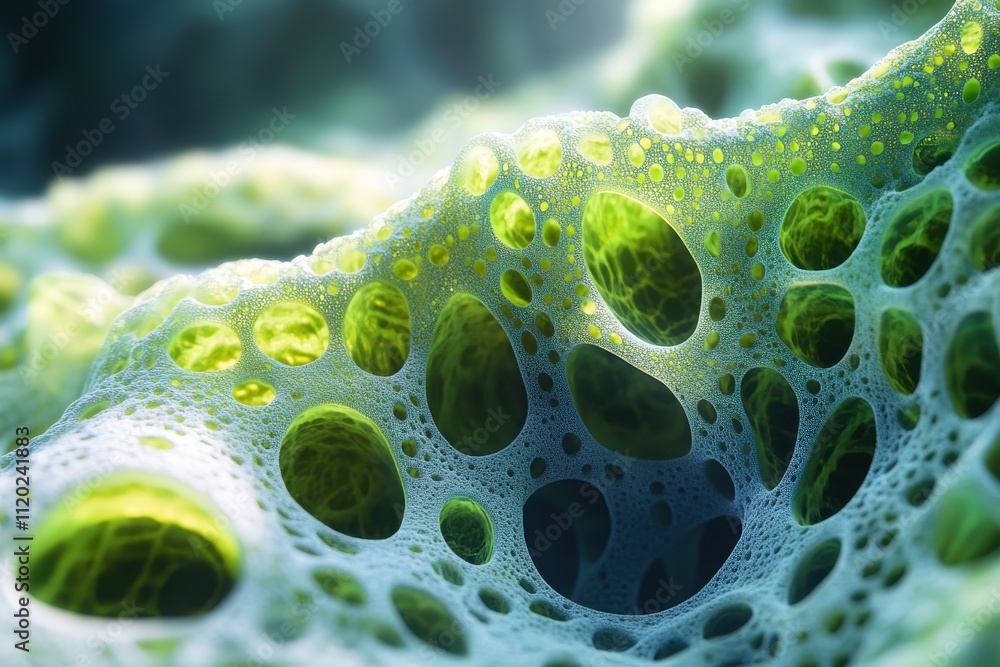 Aufkleber a close-up view of a textured, organic structure resembling cellular or microbial forms.