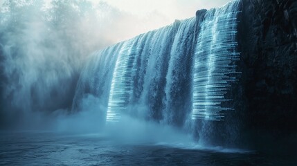 An image of a waterfall with digital data flowing alongside the water, symbolizing the flow of information in harmony with nature. The mist from the falls glows softly with the light .