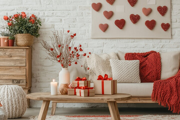 Close-up of red ribbon-wrapped gift boxes and heart-shaped ornaments arranged on a rustic table with warm Valentine’s Day lighting.