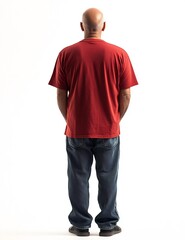 Fototapeta premium Mature Hispanic Man in Red Soccer Shirt Stands Against White Background