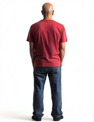Obraz premium Mature Hispanic Man Standing in Red Soccer Shirt Against White Background