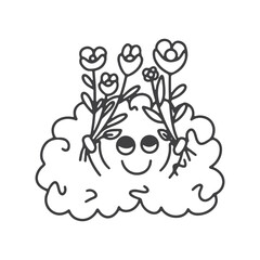 Mental health concept. Doodle brain character with flowers. Recovery concept. Vector outline illustration.