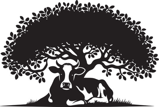 recommend clip art: A cow peeking from the shade of a tree vector black silhouette