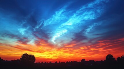 Obraz premium Vibrant sunset sky with fiery orange and blue hues over a dark silhouette of trees and buildings.