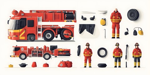 Fototapeta premium Theme: Fire Department, Icon Set, Shapes, Objects, Colorful, on White Background, Abstract Image, Texture, Pattern Background, Wallpaper, Cover and Screen of Smartphone, PC, Laptop, 9:16 and 16:9 Form