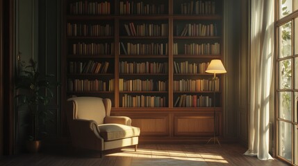 Cozy library interior with a comfortable armchair, floor lamp, and shelves filled with books.