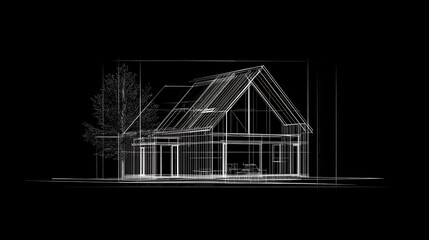 Minimalist Line Art Sketch of a Small Single Family House on Black Background