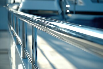 Polished chrome railing on a luxury yacht, reflecting light and sea.