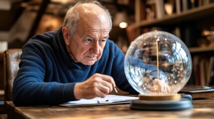 Thoughtful elderly man examining a glass globe model with deep concentration in a cozy workspace filled with books and warm lighting
