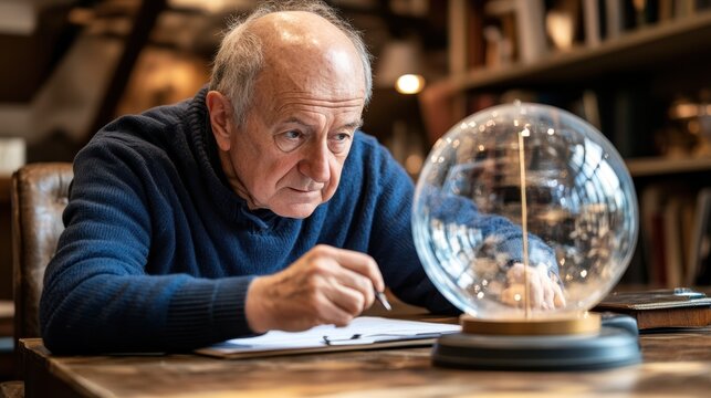 Thoughtful elderly man examining a glass globe model with deep concentration in a cozy workspace filled with books and warm lighting