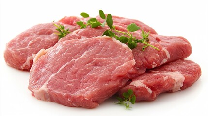Fototapeta premium Fresh cuts of pork meat garnished with herbs, displaying a rich pink color and enticing texture.