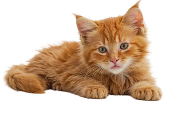 Adorable fluffy ginger kitten lying down with attentive eyes, perfect for pet-related stock images, online content, and social media posts.