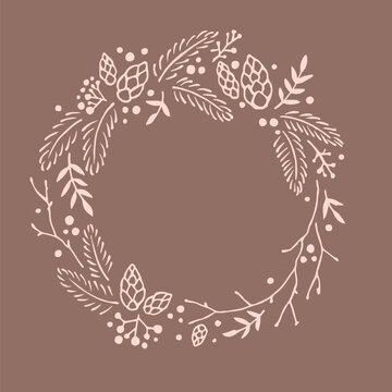 Christmas wreath with pinecones and leaves on mocha mousse background. Vector hand drawn botanical illustration.