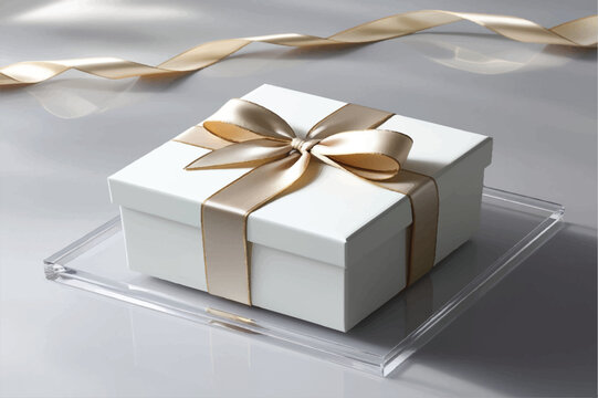 white gift box with gold ribbon isolated on transparent background cutout