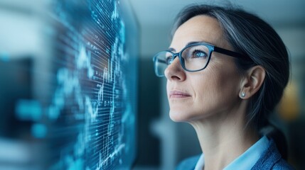 Focused businesswoman analyzing digital data trends with futuristic interface, showcasing modern technology in corporate environment