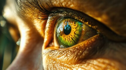 A golden-green eye of an Indigenous Amazonian person, with bright reflections and natural surroundings