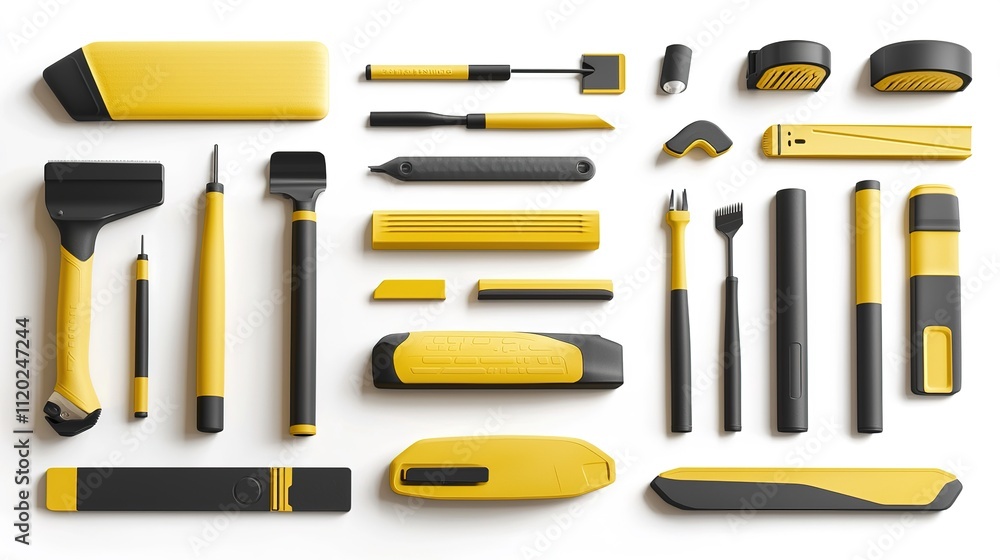 Poster a collection of yellow and black hand tools, including various shapes and sizes designed for differe