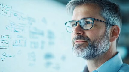 Thoughtful businessman analyzing data and visualizations on transparent screen, reflecting on strategy, innovation, and problem-solving skills