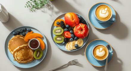 Morning breakfast spread with fresh fruit coffee
