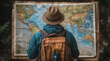 Adventurous traveler exploring a vintage map in nature, contemplating journey possibilities with a backpack and hat, inspiring wanderlust and exploration